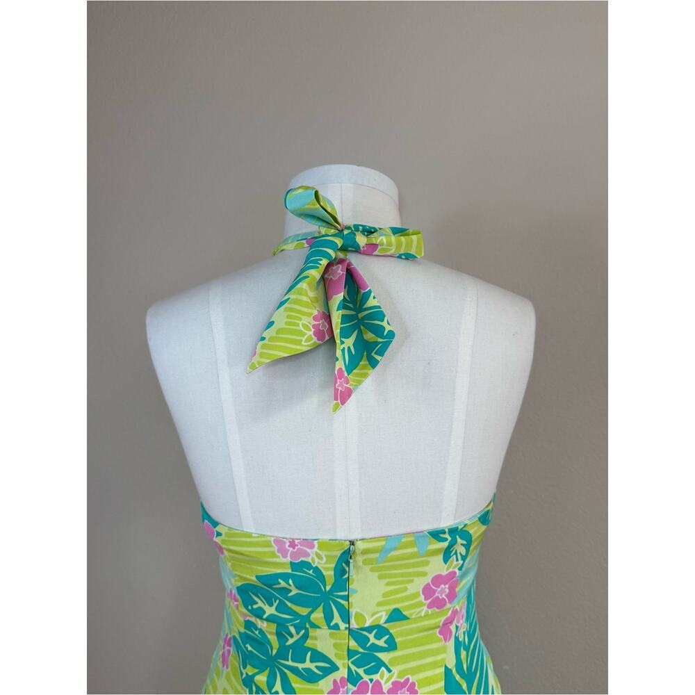 LILLY PULITZER VINTAGE Silk Lime Green Tropical Floral Halter Midi Dress Sz 8 - Picture 6 of 16